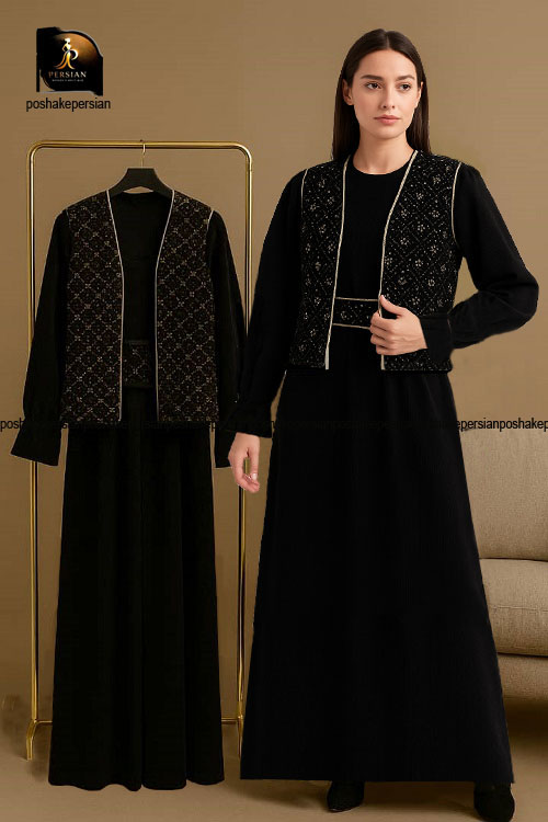 پیراهن 3 تکه مخمل کبریتی سوزن دوزی شده ، تک رنگ مشکی، قد از کمر 90