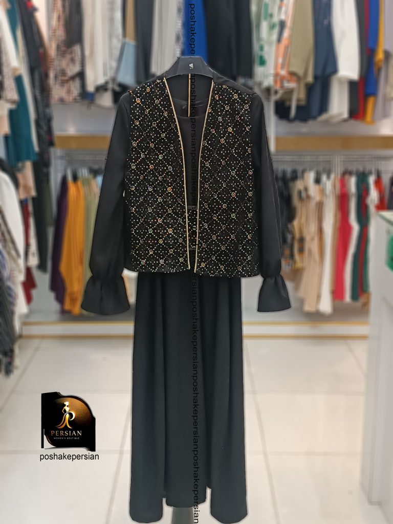 پیراهن 3 تکه مخمل کبریتی سوزن دوزی شده ، تک رنگ مشکی، قد از کمر 90