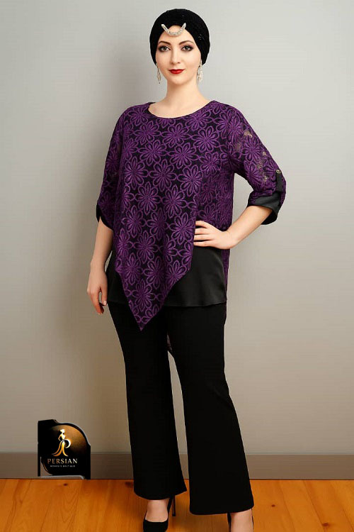 تونیک گیپور،قواره آزاد،تک رنگ بنفش بادمجونی،آستر دار،آستین یه ربع