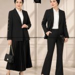 کت تک زنانه مشکی یقه بلیزر با آستین حلقه‌ای طلایی