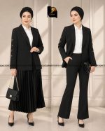 کت تک زنانه مشکی یقه بلیزر با آستین حلقه‌ای طلایی