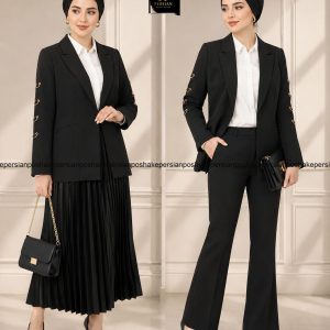 کت تک زنانه مشکی یقه بلیزر با آستین حلقه‌ای طلایی